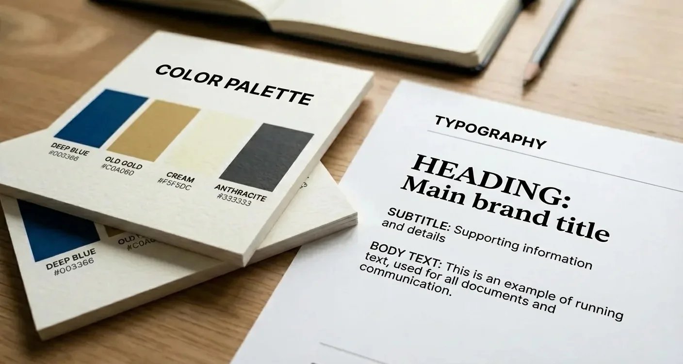 Essentiële branding elementen: kleurenpalet en typografie voor een professionele merkidentiteit en huisstijl.
