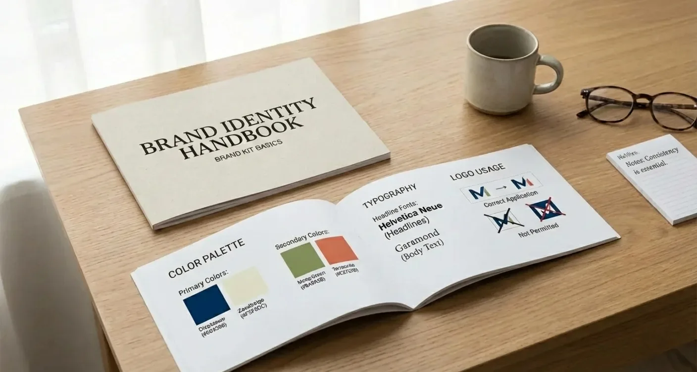 Minimalistische huisstijlgids met branding essentials op modern bureau. Strak design voor consistente merkidentiteit.