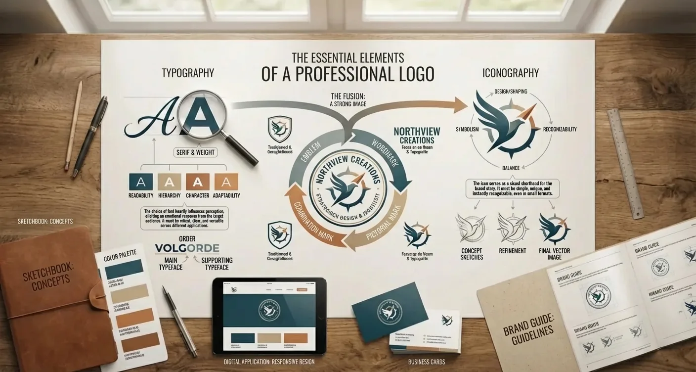 Gids voor merkkit essentials: professioneel logo design, typografie en iconografie voor een sterke huisstijl.