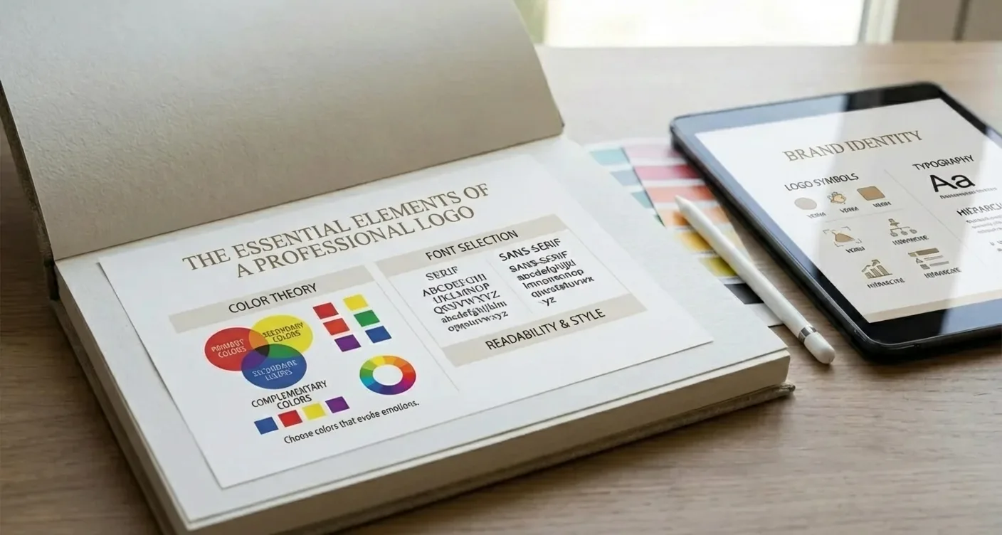 Infographic over de essentie van een professionele merkkit: logo-elementen, kleurtheorie en lettertypekeuze.