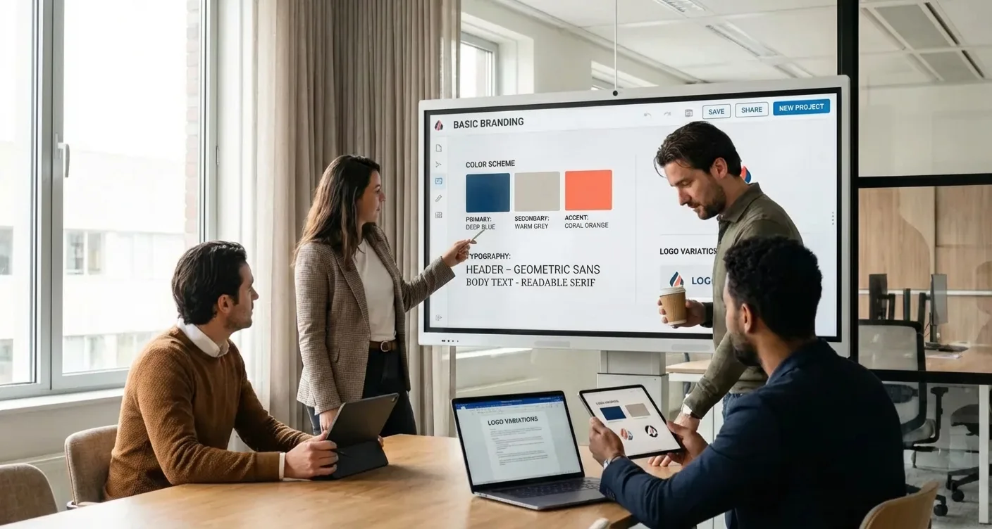 Creatief team brainstormt in modern kantoor over huisstijl en merkidentiteit op een digitaal whiteboard.