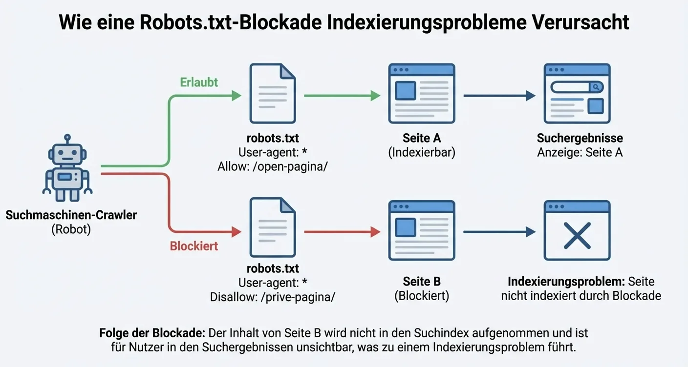 Robots.txt uitleg infographic over crawl-blokkades en het oplossen van SEO-indexatieproblemen.