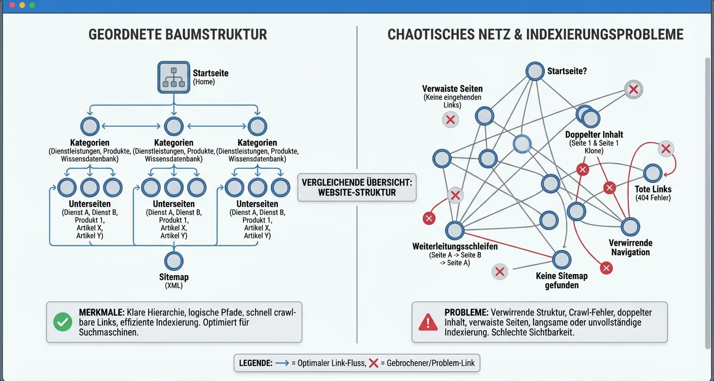 Optimale SEO-sitestructuur vergeleken met een chaotische website met crawlproblemen.