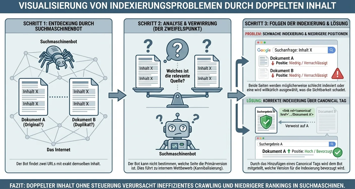Zoekmachine bot aarzelt bij duplicate content. Visualisatie van indexeringsfouten door dubbele inhoud.
