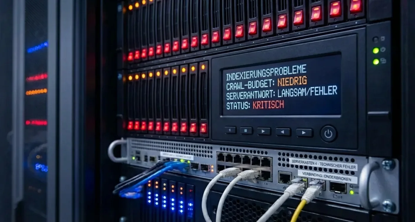 Serverruimte met knipperlichten: visualiseert SEO-problemen zoals indexeringsfouten en een trage server.