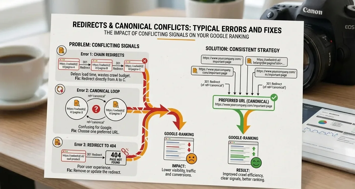 Infographic illustrating redirect and canonical conflicts and their impact on Google ranking and SEO.