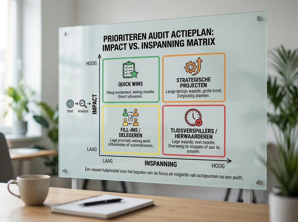 Een overzichtelijk diagram in infographic-stijl dat het proces van audit actieplan prioriteren visualiseert via een matrix van impact versus inspanning