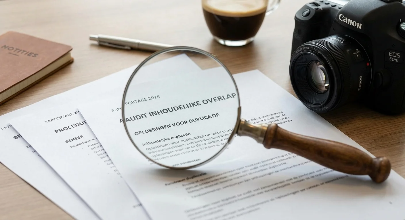 Vergrootglas dat over overlappende documenten glijdt voor een audit content overlap remedies