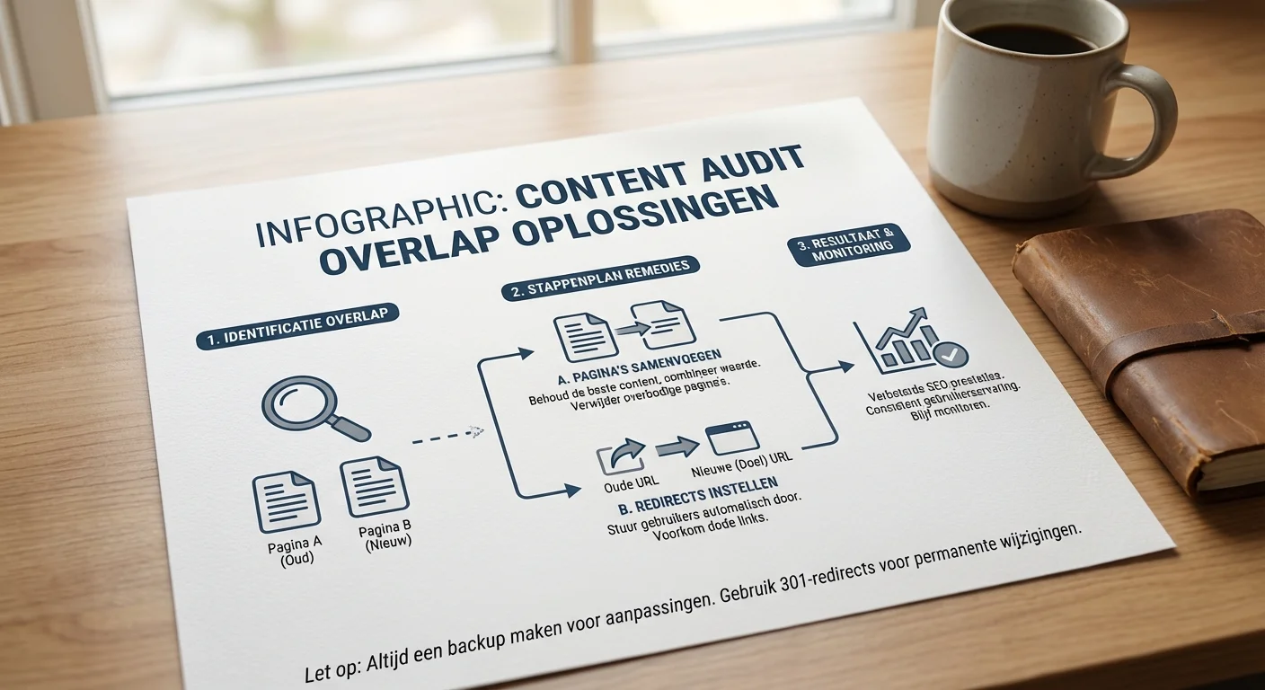 Een overzichtelijke infographic die de verschillende audit content overlap remedies visueel weergeeft, zoals het samenvoegen van pagina's en het instellen van redirects tijdens een stappenplan voor content audits.