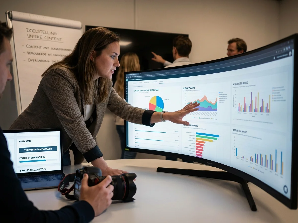 Een realistische actiefoto vanuit een dynamisch perspectief van een marketeer die audit content overlap remedies toepast op een groot scherm met complexe datavisualisaties