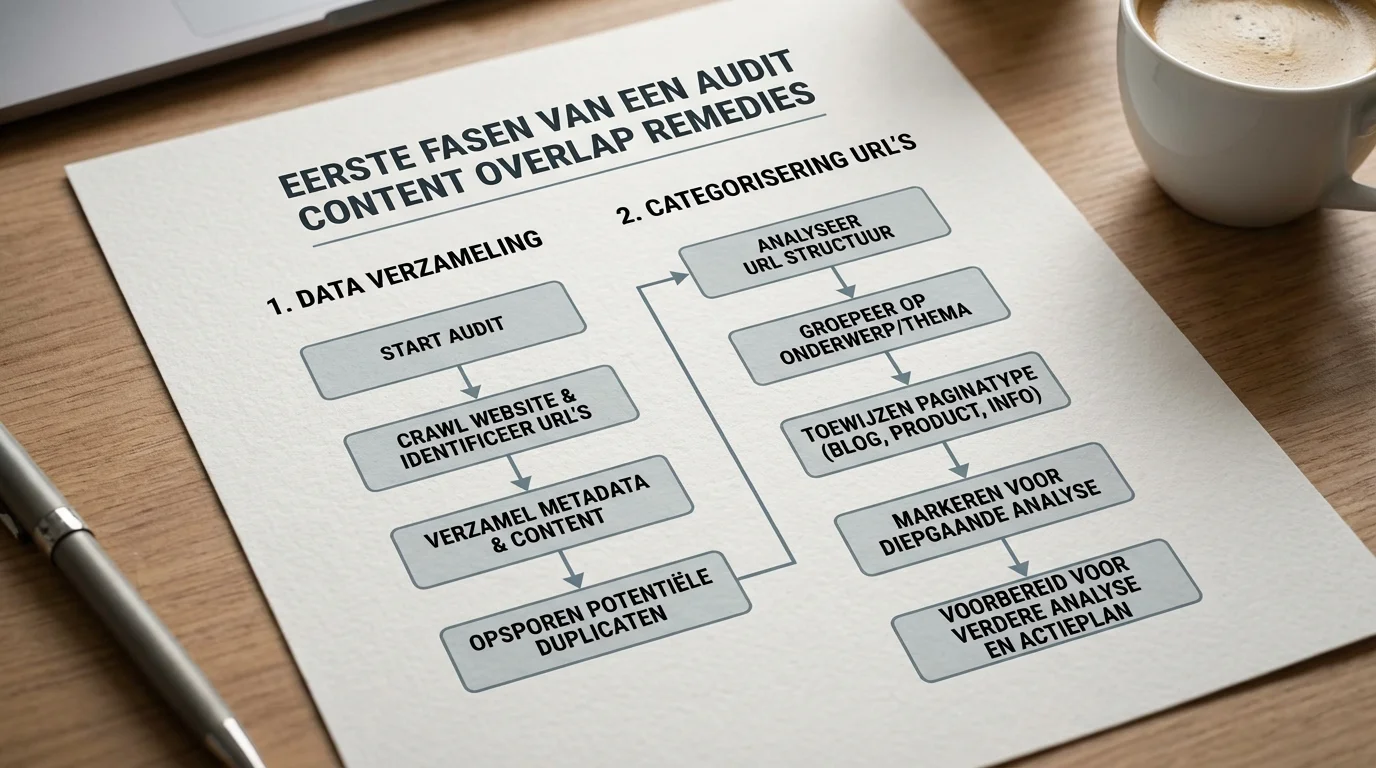 Een gedetailleerd stroomdiagram in infographic-stijl dat de eerste fasen van een audit content overlap remedies laat zien, inclusief dataverzameling en categorisering van URL's voor een professionele content audit.