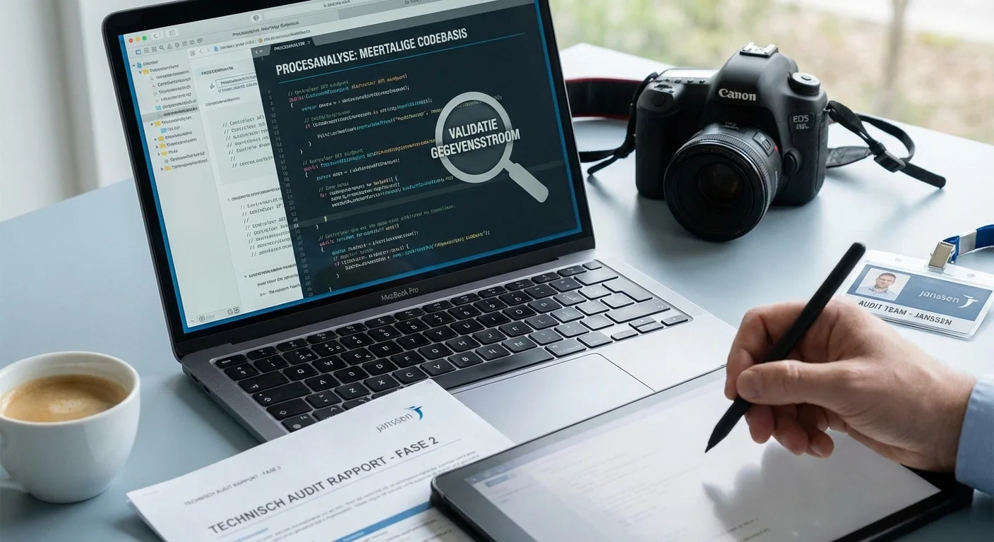 Audit meertalig technisch proces waarbij code-elementen op een scherm worden geanalyseerd