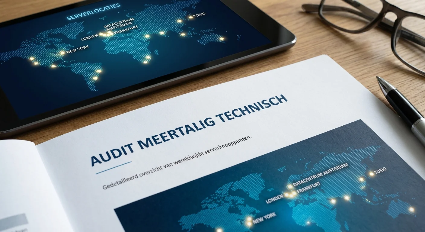 Audit meertalig technisch bij een wereldkaart met oplichtende serverknooppunten