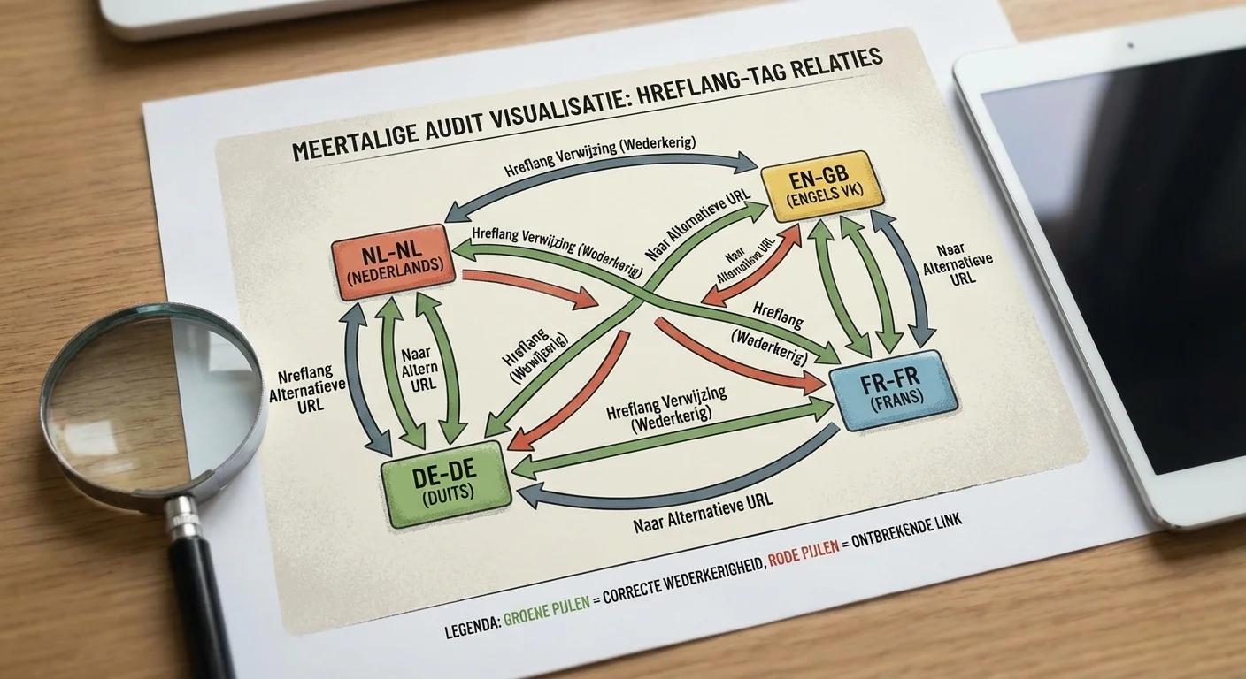 Technisch diagram: meertalige website SEO audit, toont hreflang implementatie en wederkerige taalrelaties.