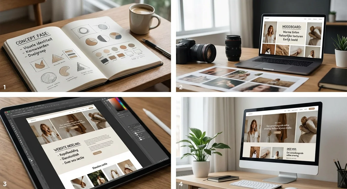 Een stapsgewijze procesvisualisatie van een Beeldstrategie: featured image + ondersteunende visuals (realistisch) die de overgang toont van concept naar een consistente website-indeling