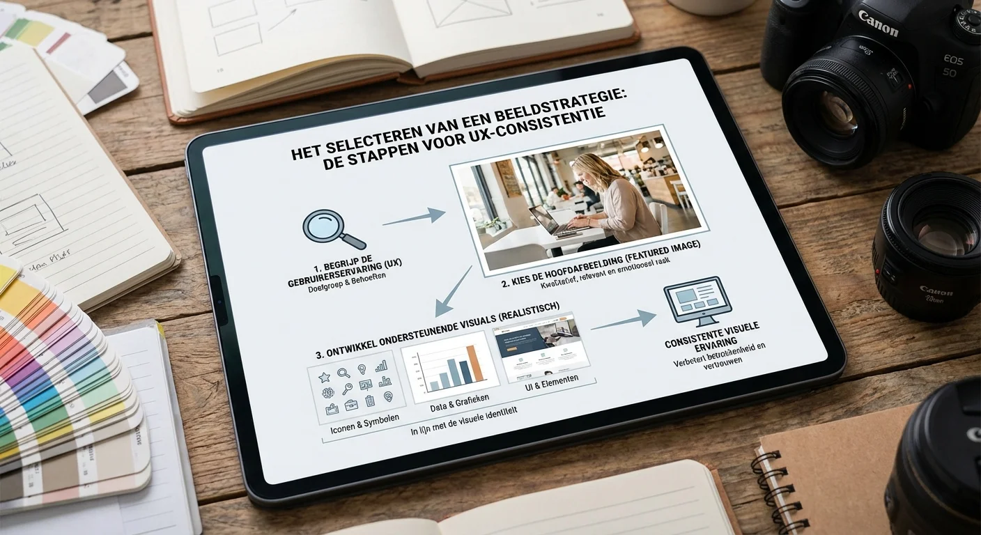 Een informatieve infographic die de stappen laat zien voor het selecteren van een Beeldstrategie: featured image + ondersteunende visuals (realistisch) die perfect aansluit bij de gebruikerservaring