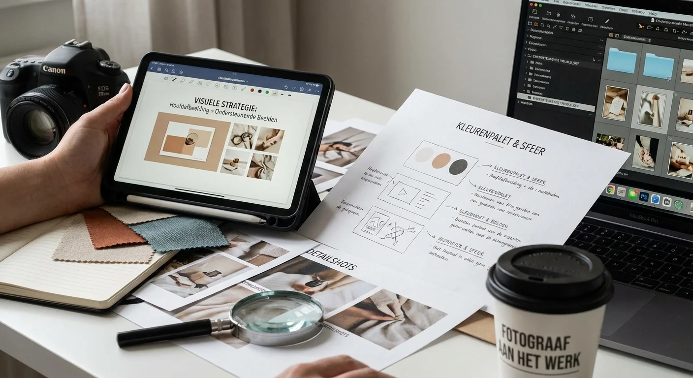 Fotograaf die werkt aan een Beeldstrategie: featured image + ondersteunende visuals (realistisch), waarbij de nadruk ligt op de details van ondersteunende visuele elementen