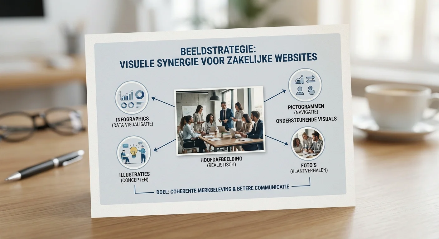 Een overzichtelijk diagram in infographic-stijl dat de synergie toont tussen een hoofdafbeelding en secundaire graphics binnen een Beeldstrategie: featured image + ondersteunende visuals (realistisch) voor zakelijke websites