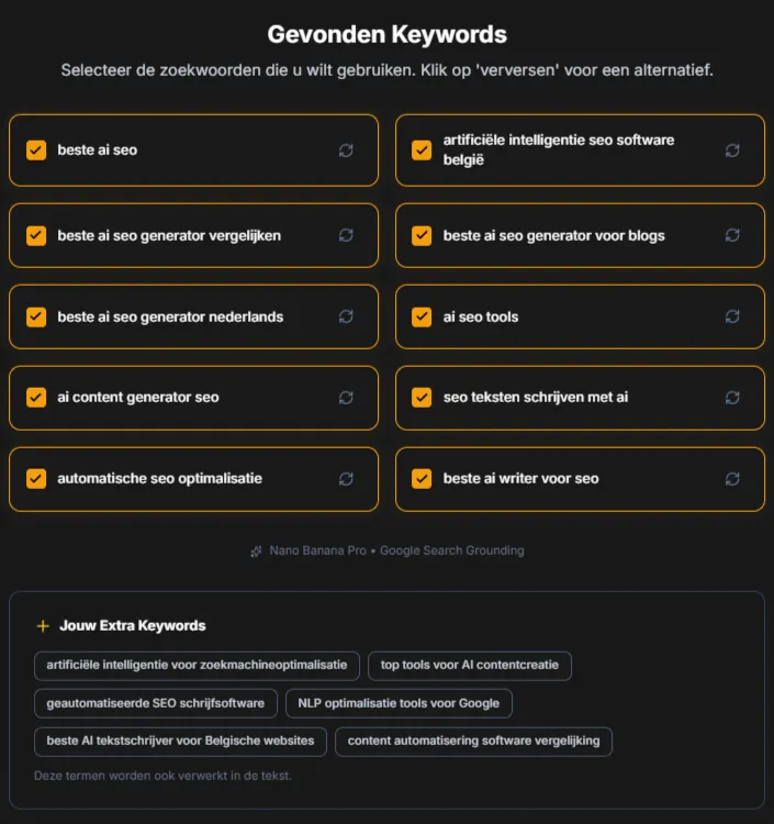 Keyword configuratie in SEOwebsites.be met primary keyword beste ai seo generator en extra zoekwoorden voor betere dekking