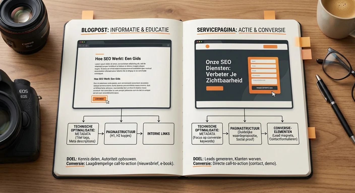 Step-by-step illustration, process visualization van Blog vs servicepagina: zelfde SEO, andere conversie-setup bij de technische optimalisatie van metadata en paginastructuur