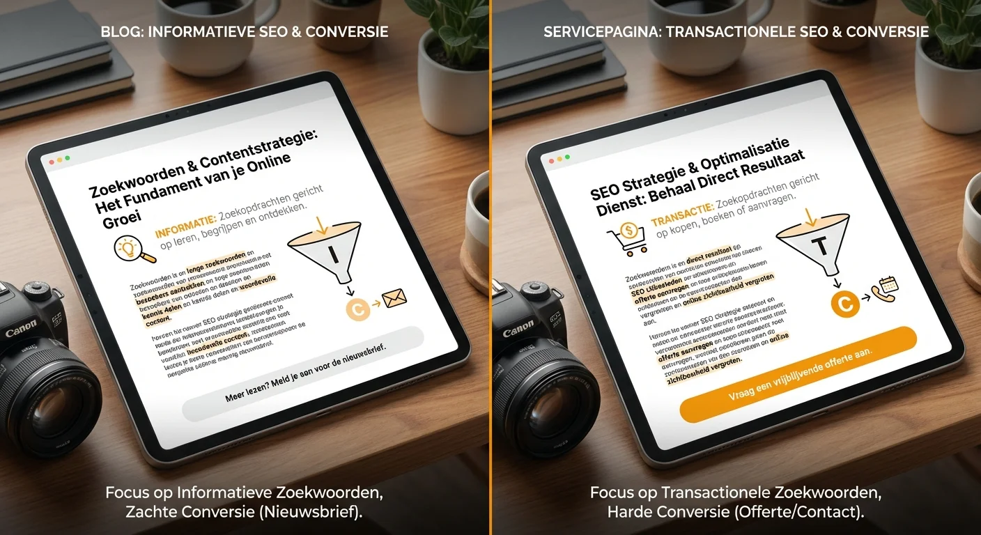 Comparative view, side-by-side layout van Blog vs servicepagina: zelfde SEO, andere conversie-setup die de rol van zoekwoorden in je contentstrategie visualiseert met iconen voor informatie en transactie