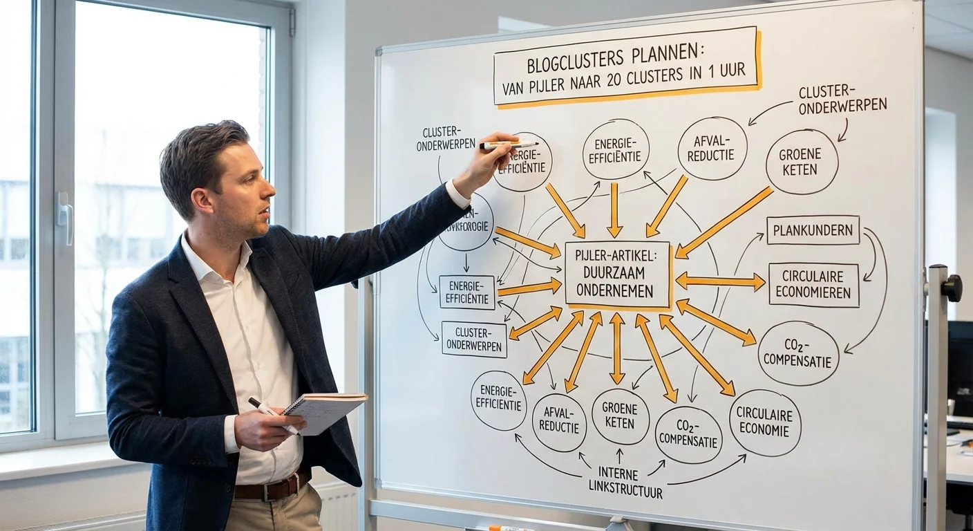 Realistische actiefoto vanuit een dynamisch perspectief van een marketeer die werkt aan Blogclusters plannen: van pillar naar 20 clusters in 1 uur op een whiteboard met een complexe interne linkstructuur