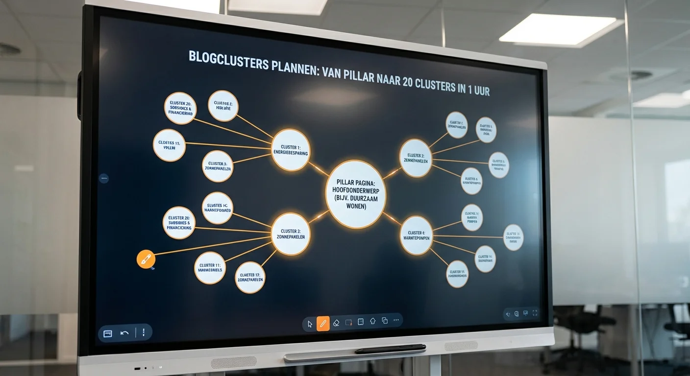 Digitaal whiteboard waarop de structuur van Blogclusters plannen: van pillar naar 20 clusters in 1 uur visueel wordt weergegeven met verbonden cirkels en lijnen