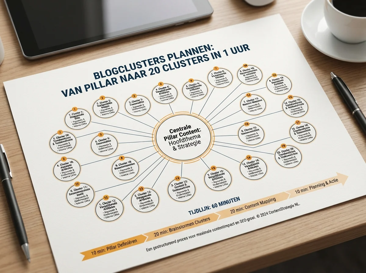 Diagram of infographic stijl, helder en informatief over Blogclusters plannen: van pillar naar 20 clusters in 1 uur met een centrale pillar en twintig vertakkingen