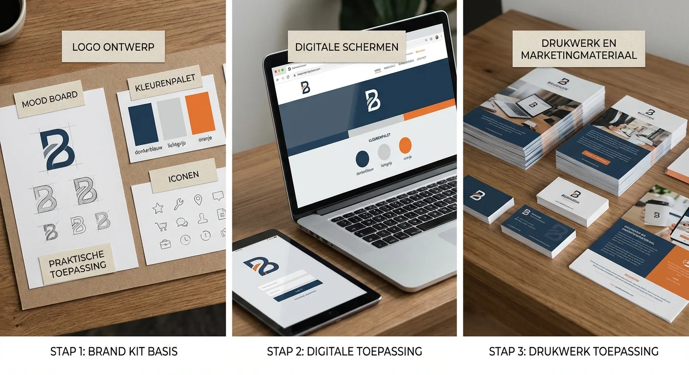 Step-by-step illustration van een proces visualisatie van Brand kit basics: logo, kleuren, iconen en toepassing bij de praktische toepassing in marketingmateriaal, met een focus op digitale schermen en drukwerk