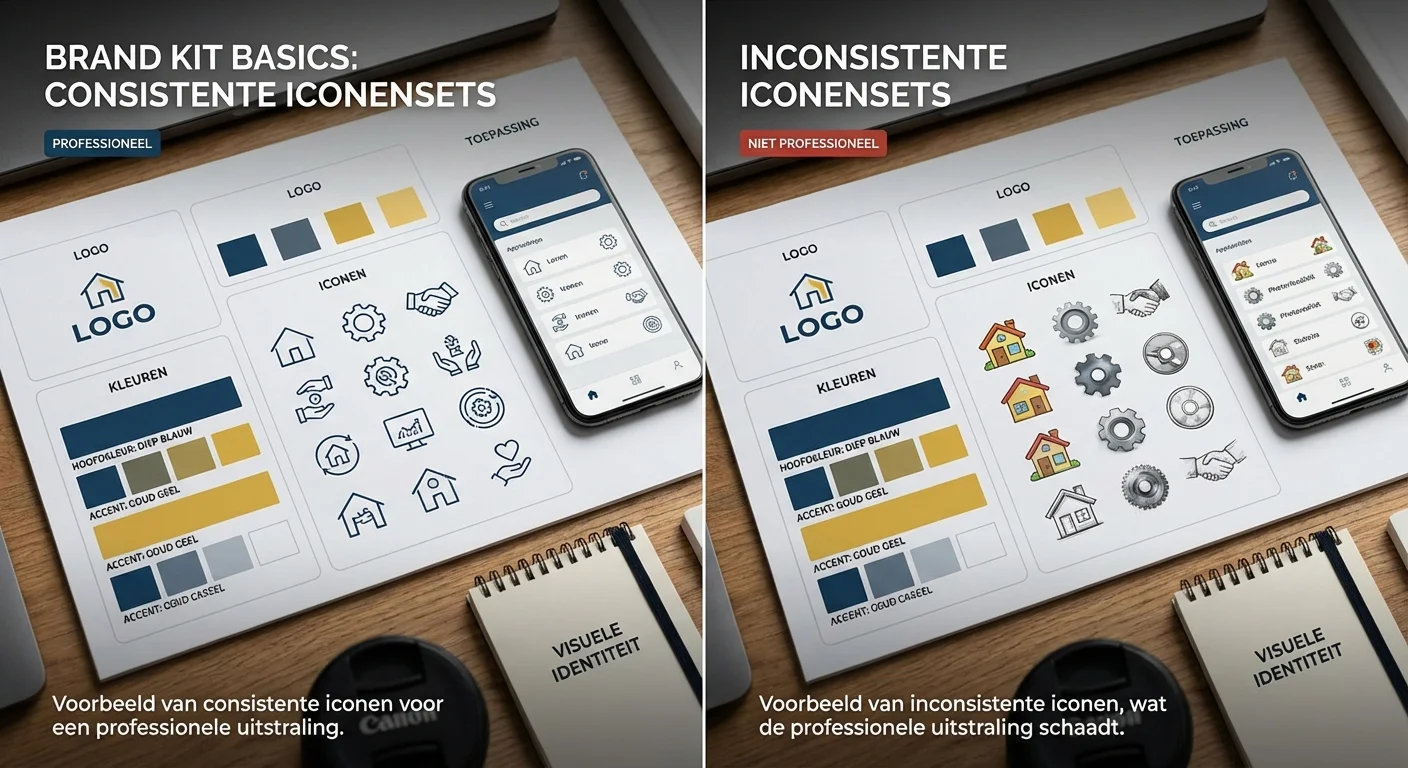 Brand kit basics: logo, kleuren, iconen en toepassing met een focus op consistente versus inconsistente iconensets
