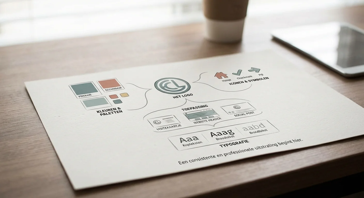 Brand kit basics: logo, kleuren, iconen en toepassing visualiseert, met de nadruk op hoe een centraal logo verbonden is met kleurenpaletten en typografie voor een