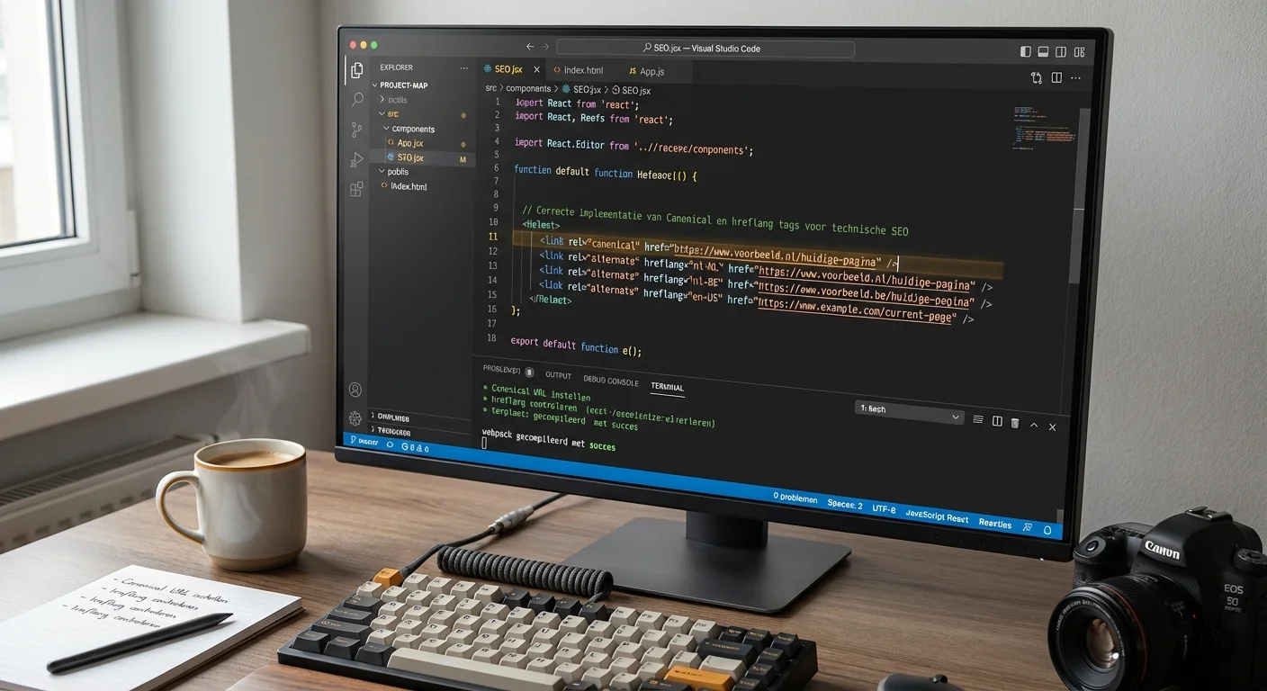 Canonical & hreflang in een React app: zo doe je het correct bij het optimaliseren van technische meta-tags in een code editor