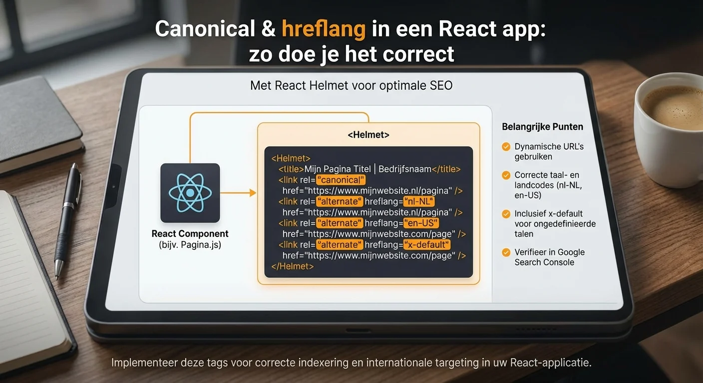 Diagram or infographic style, clear and informative of Canonical & hreflang in een React app: zo doe je het correct