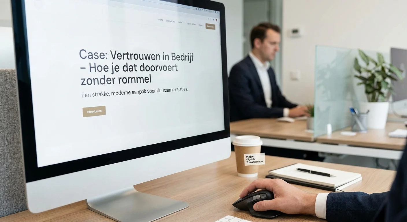 Case: 'Corporate Trust' stijl - hoe je dat doorvoert zonder rommel met een focus op een strak modern kantoorinterieur en een minimalistisch webdesign op een scherm