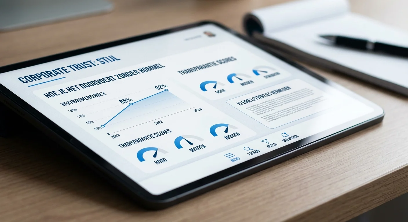 Minimalistisch zakelijk dashboard dat de Case: 'Corporate Trust' stijl - hoe je dat doorvoert zonder rommel illustreert, met focus op strakke lijnen en blauwe kleuraccenten