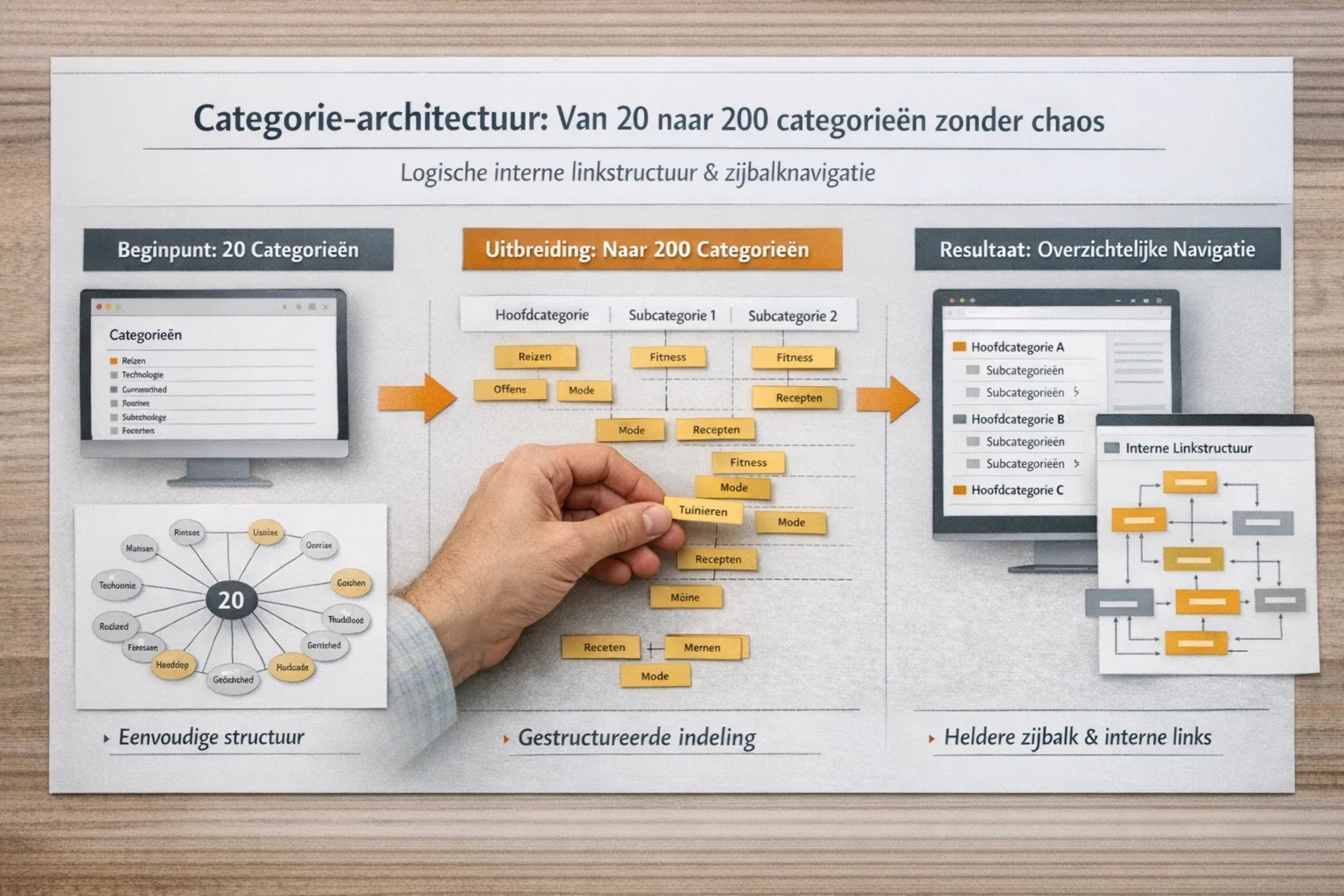 Step-by-step illustration, process visualization van Categorie-architectuur: van 20 naar 200 categorie&euml;n zonder chaos bij het inrichten van een logische interne linkstructuur en zijbalknavigatie