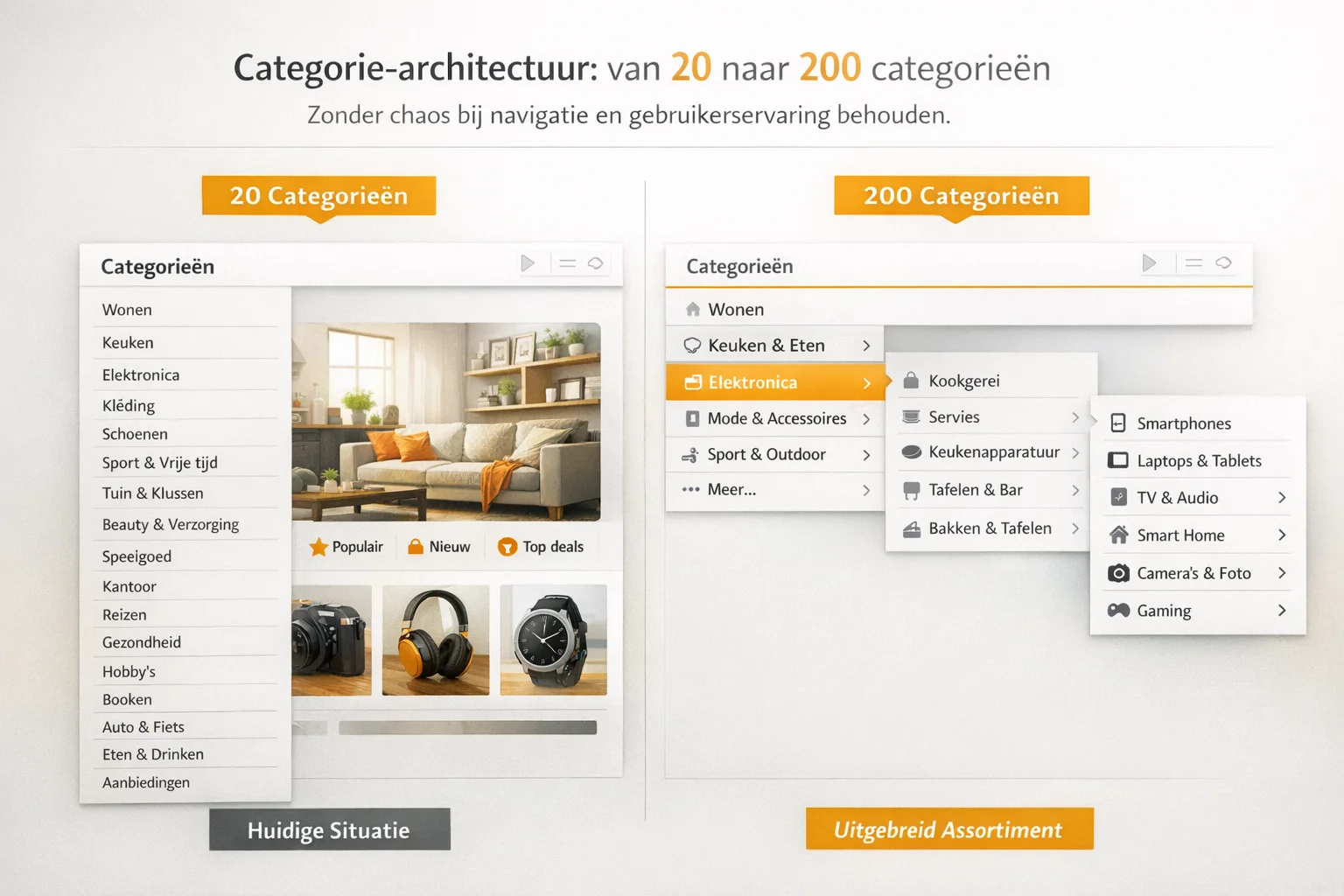 Categorie-architectuur: van 20 naar 200 categorie&euml;n zonder chaos bij navigatie en gebruikerservaring behouden bij een groeiend assortiment