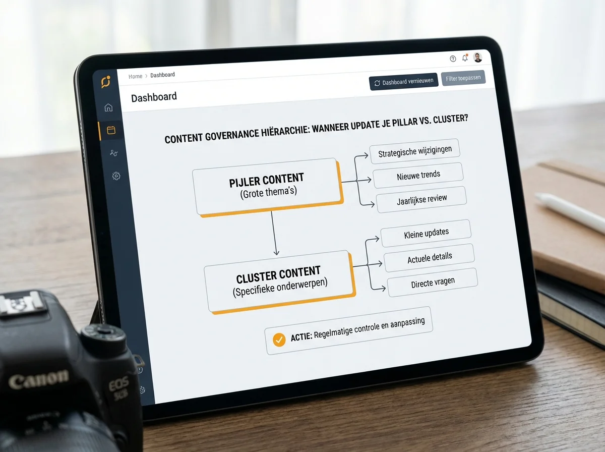 Digitaal dashboard dat de hi&euml;rarchie toont voor Content governance: wanneer update je pillar vs cluster?