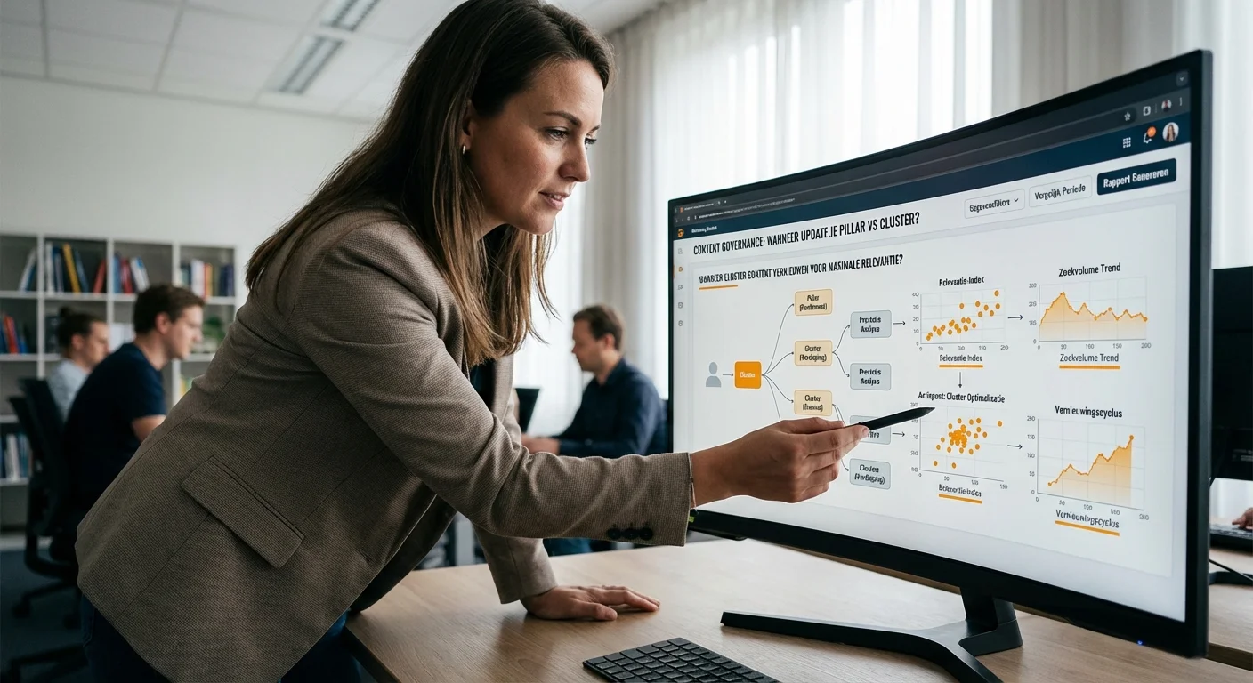 Content governance: wanneer update je pillar vs cluster? at wanneer cluster content vernieuwen voor maximale relevantie?, professional appearance van een marketeer die data analyseert op een groot scherm