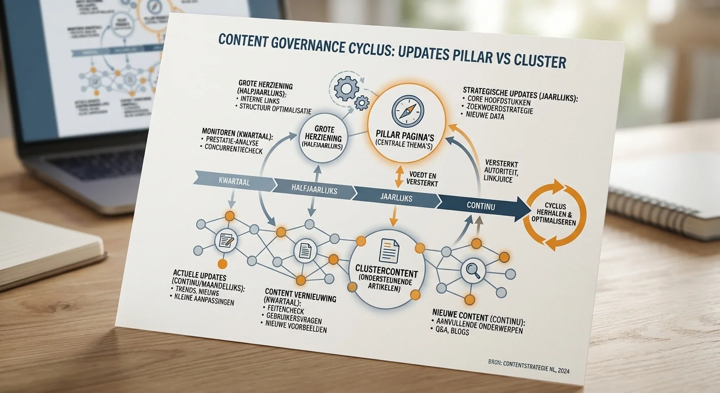 Een gedetailleerd infographic-diagram dat de cyclus van Content governance: wanneer update je pillar vs cluster? weergeeft, met een duidelijke tijdslijn voor het onderhoud van centrale pillar pagina's en ondersteunende clustercontent, professionele en zakelijke uitstraling