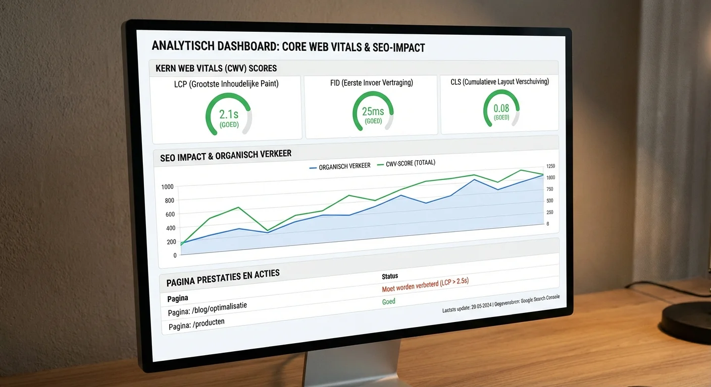 Analytisch dashboard dat core web vitals content weergeeft op een scherm, wat de impact van core web vitals content op seo visualiseert