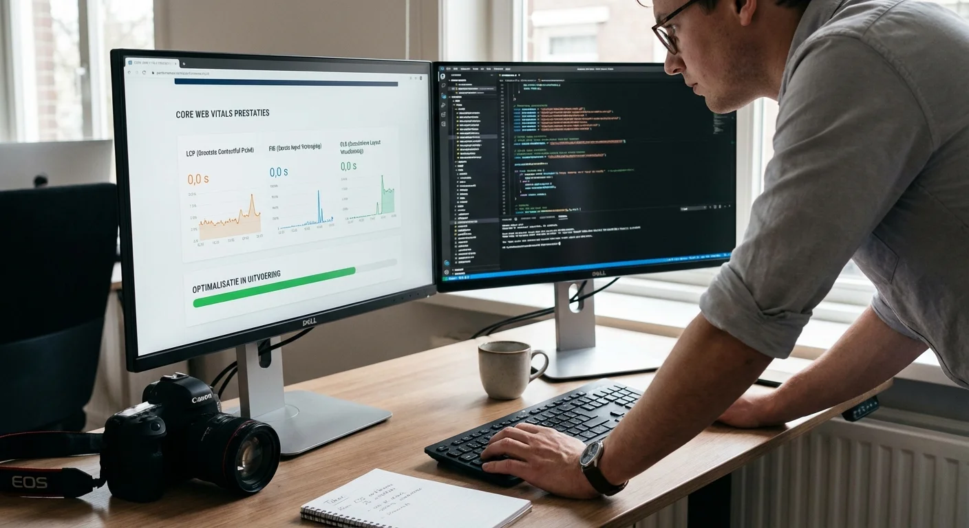 A web developer optimizing core web vitals content on a high-end workstation, showing speed graphs and code