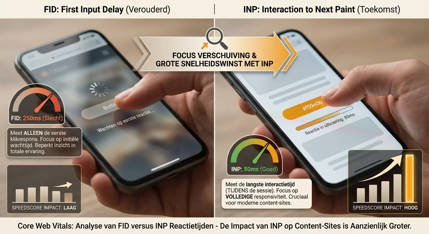 Comparative view, side-by-side layout van Core Web Vitals voor content-sites: snelheidswinst met grootste impact bij een analyse van FID versus INP reactietijden