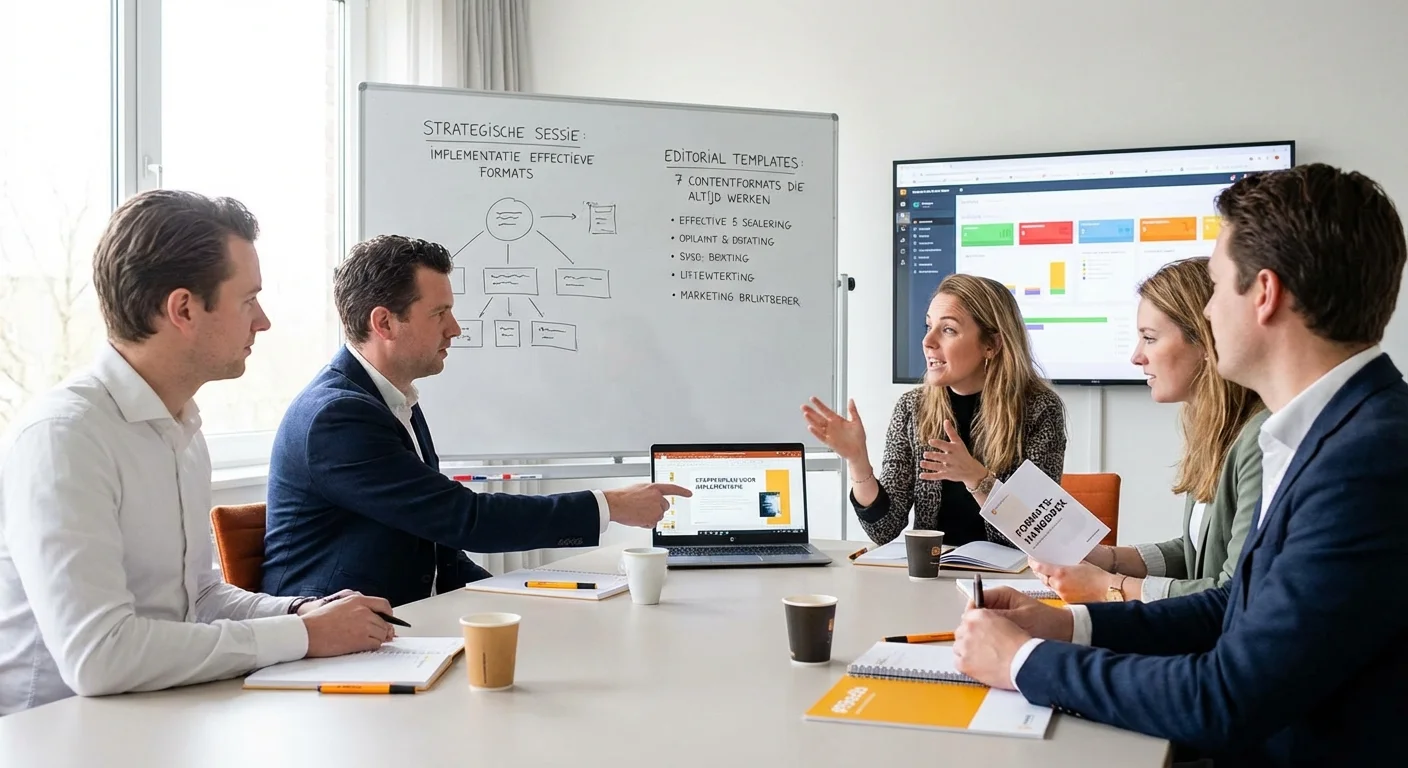Marketingteam dat Editorial templates: 7 contentformats die altijd werken bespreekt tijdens een strategische sessie over het stappenplan voor het implementeren van effectieve formats