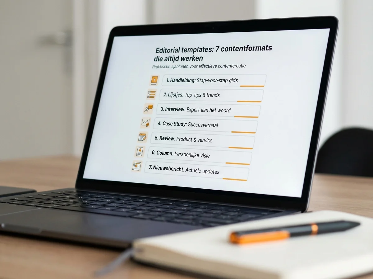 Laptop scherm waarop een overzicht van Editorial templates: 7 contentformats die altijd werken zichtbaar is, zakelijke omgeving