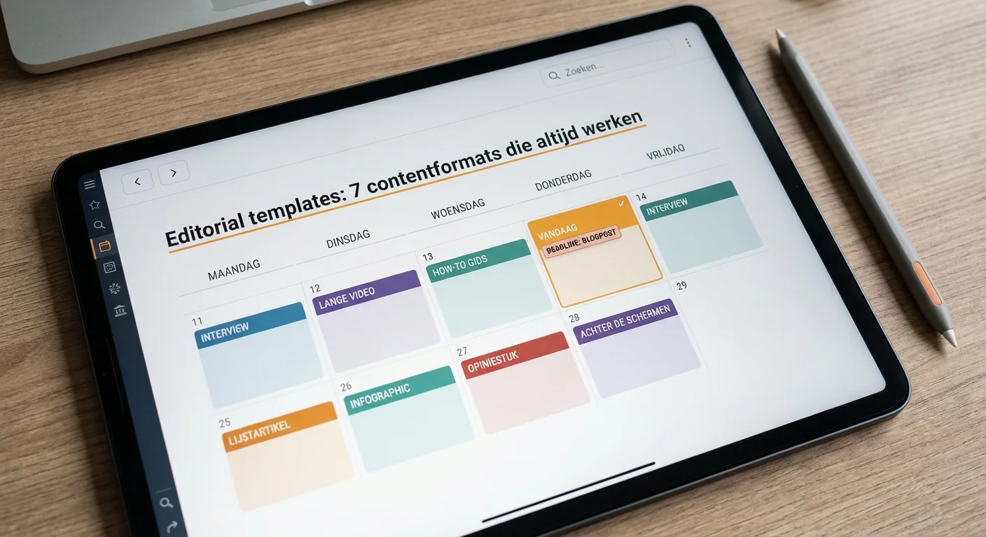 Digitaal planbord met de tekst Editorial templates: 7 contentformats die altijd werken, <a href=