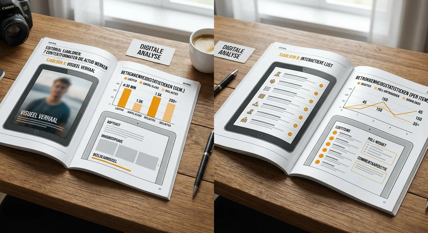 Comparative view, side-by-side layout van Editorial templates: 7 contentformats die altijd werken grafische weergave van engagement statistieken, heldere interface