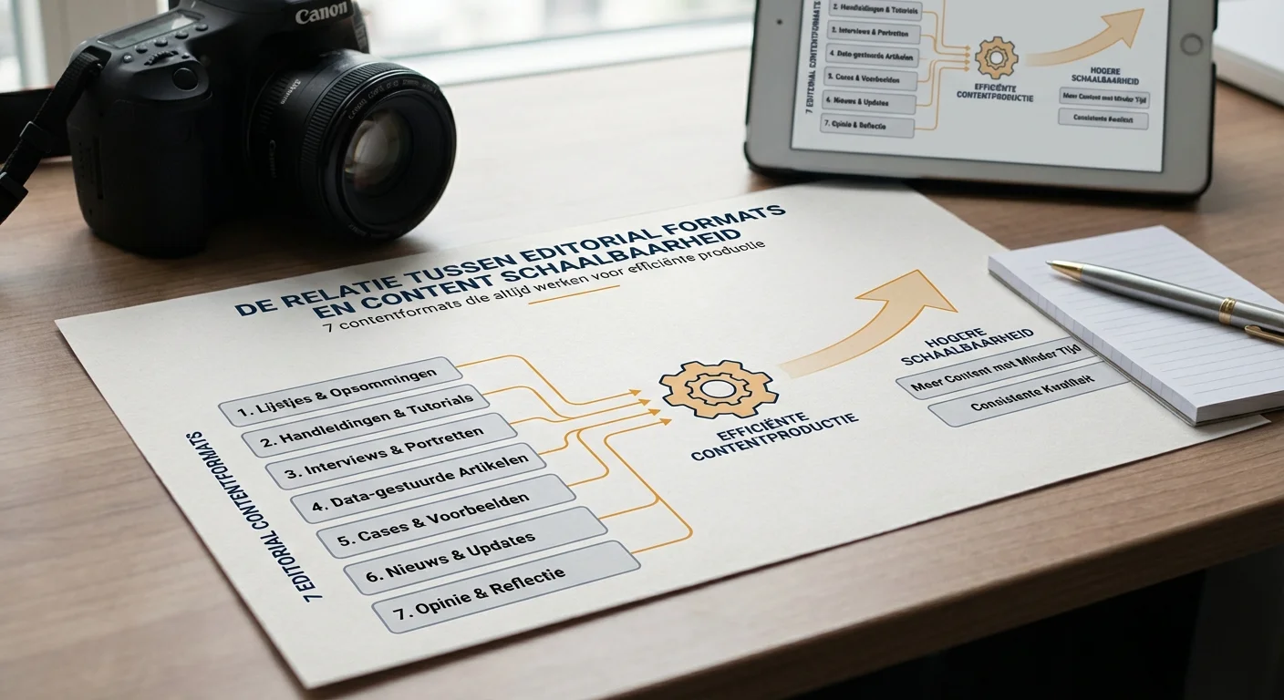 Een informatieve infographic die de relatie tussen Editorial templates: 7 contentformats die altijd werken en de schaalbaarheid van contentproductie visueel weergeeft