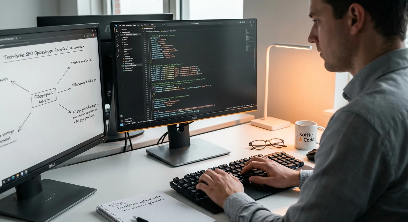 Programmeur die werkt aan de code voor Faceted navigation (filters) zonder SEO-rampen bij technische oplossingen: canonical tags versus noindex