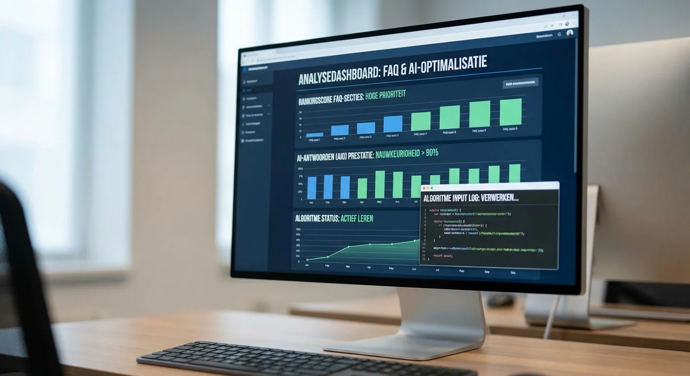 Digitaal scherm waarop FAQ-secties die ranken &eacute;n AI-antwoorden voeden (AIO) worden geanalyseerd door een algoritme